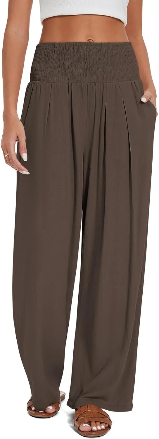 UEU Women's Linen Palazzo Pants Wide Leg High Waisted Lounge Casual Beach Pants with Pockets