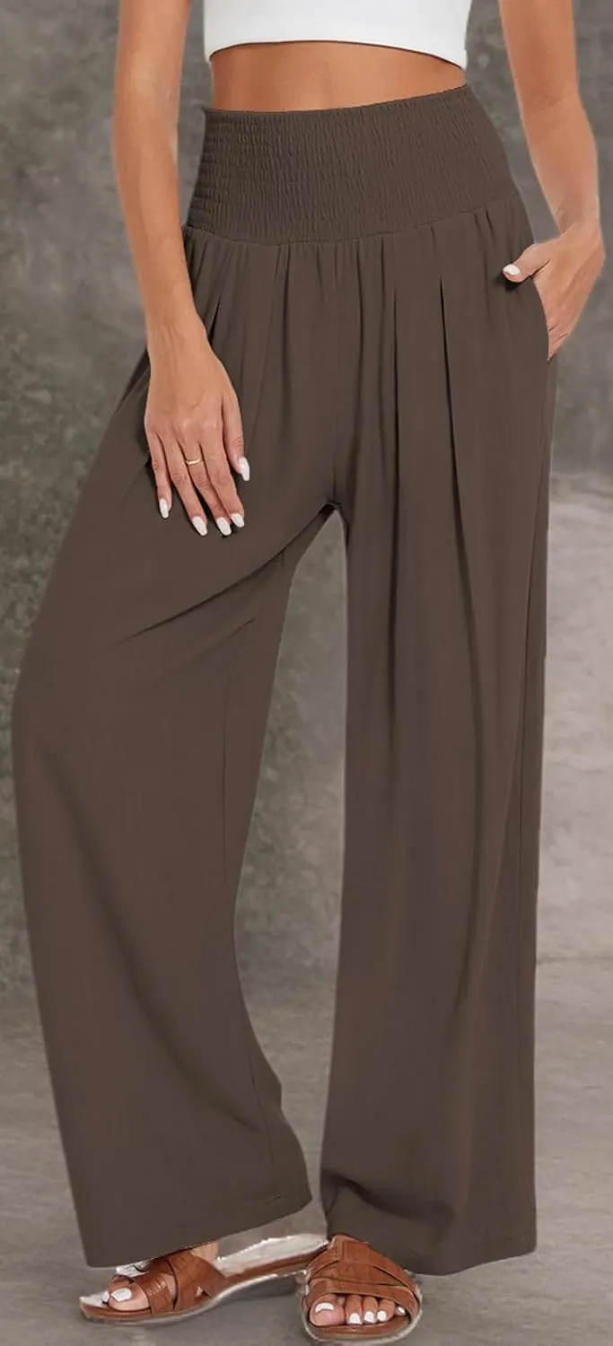 UEU Women's Linen Palazzo Pants Wide Leg High Waisted Lounge Casual Beach Pants with Pockets