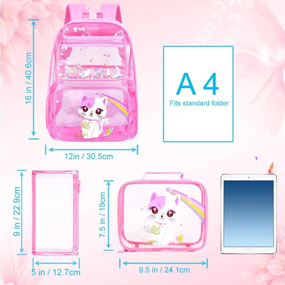 UFNDC 3PCS Clear Backpack for Girls and Boys, Unicorn Cat Transparent Bookbag, See Through School Bag for Kids Elementary