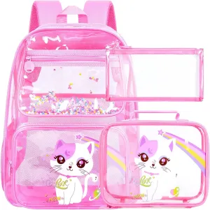 UFNDC 3PCS Clear Backpack for Girls and Boys, Unicorn Cat Transparent Bookbag, See Through School Bag for Kids Elementary