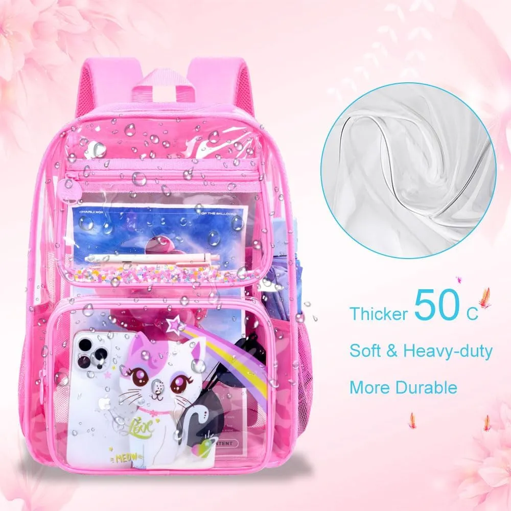 UFNDC 3PCS Clear Backpack for Girls and Boys, Unicorn Cat Transparent Bookbag, See Through School Bag for Kids Elementary