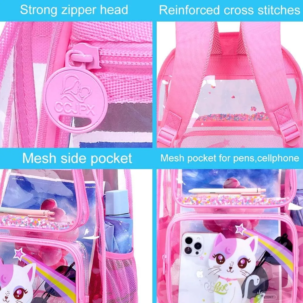 UFNDC 3PCS Clear Backpack for Girls and Boys, Unicorn Cat Transparent Bookbag, See Through School Bag for Kids Elementary