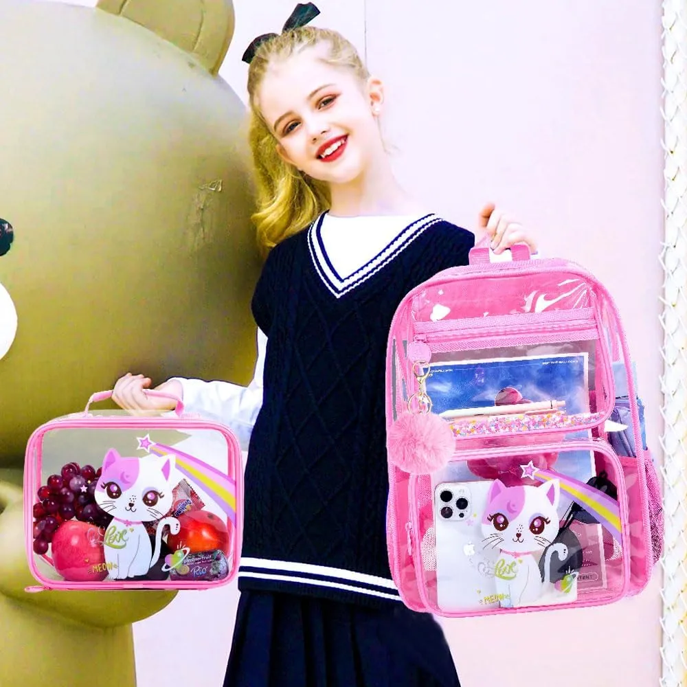UFNDC 3PCS Clear Backpack for Girls and Boys, Unicorn Cat Transparent Bookbag, See Through School Bag for Kids Elementary