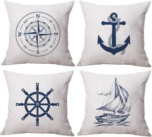 ULOVE LOVE YOURSELF Coastal Sailing Throw Pillow Case Blue Compass/Anchor/Sailboat/Navigation Pattern Ocean Theme Cushion Covers Nautical Beach Decorative Pillowcases 18×18 Inch,4Pack