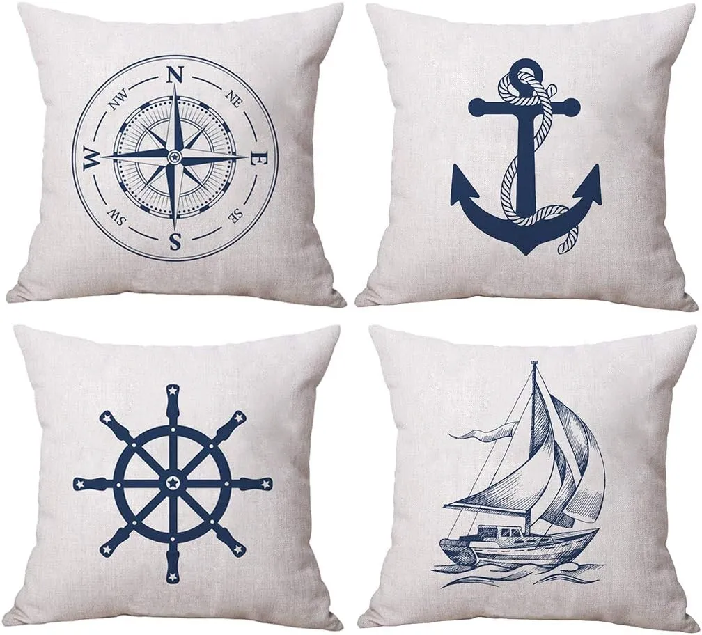 ULOVE LOVE YOURSELF Coastal Sailing Throw Pillow Case Blue Compass/Anchor/Sailboat/Navigation Pattern Ocean Theme Cushion Covers Nautical Beach Decorative Pillowcases 18×18 Inch,4Pack