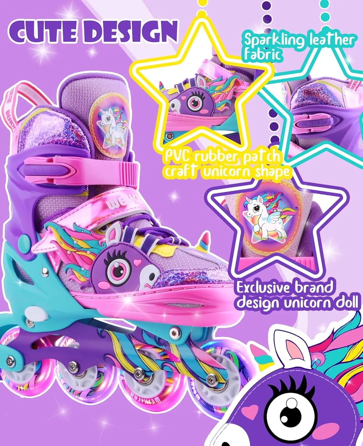 Unicorn Kids Inline Skates for Girls Women,WESKIFAN Rainbow Blades Skates with Shiny Light up Wheels&Adjustable Ages 6-8-12 Year Old, Roller Skates for Birthday Xmas Gifts Toys, Patines para Niñas