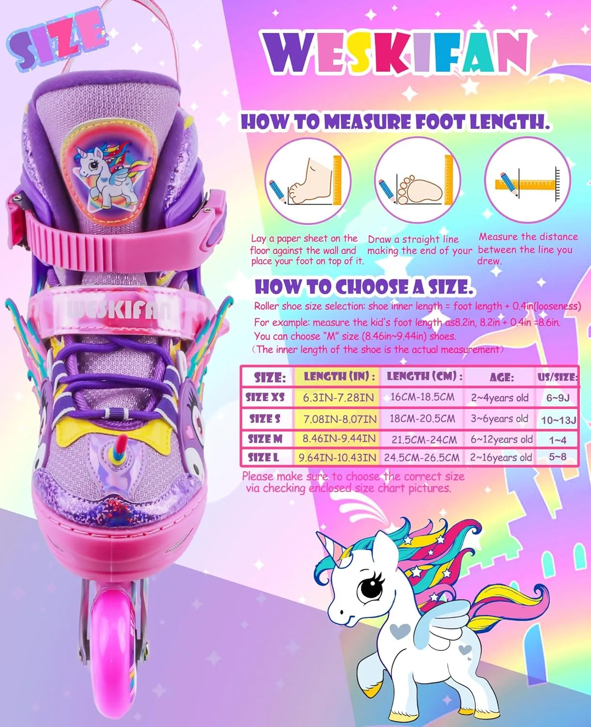 Unicorn Kids Inline Skates for Girls Women,WESKIFAN Rainbow Blades Skates with Shiny Light up Wheels&Adjustable Ages 6-8-12 Year Old, Roller Skates for Birthday Xmas Gifts Toys, Patines para Niñas