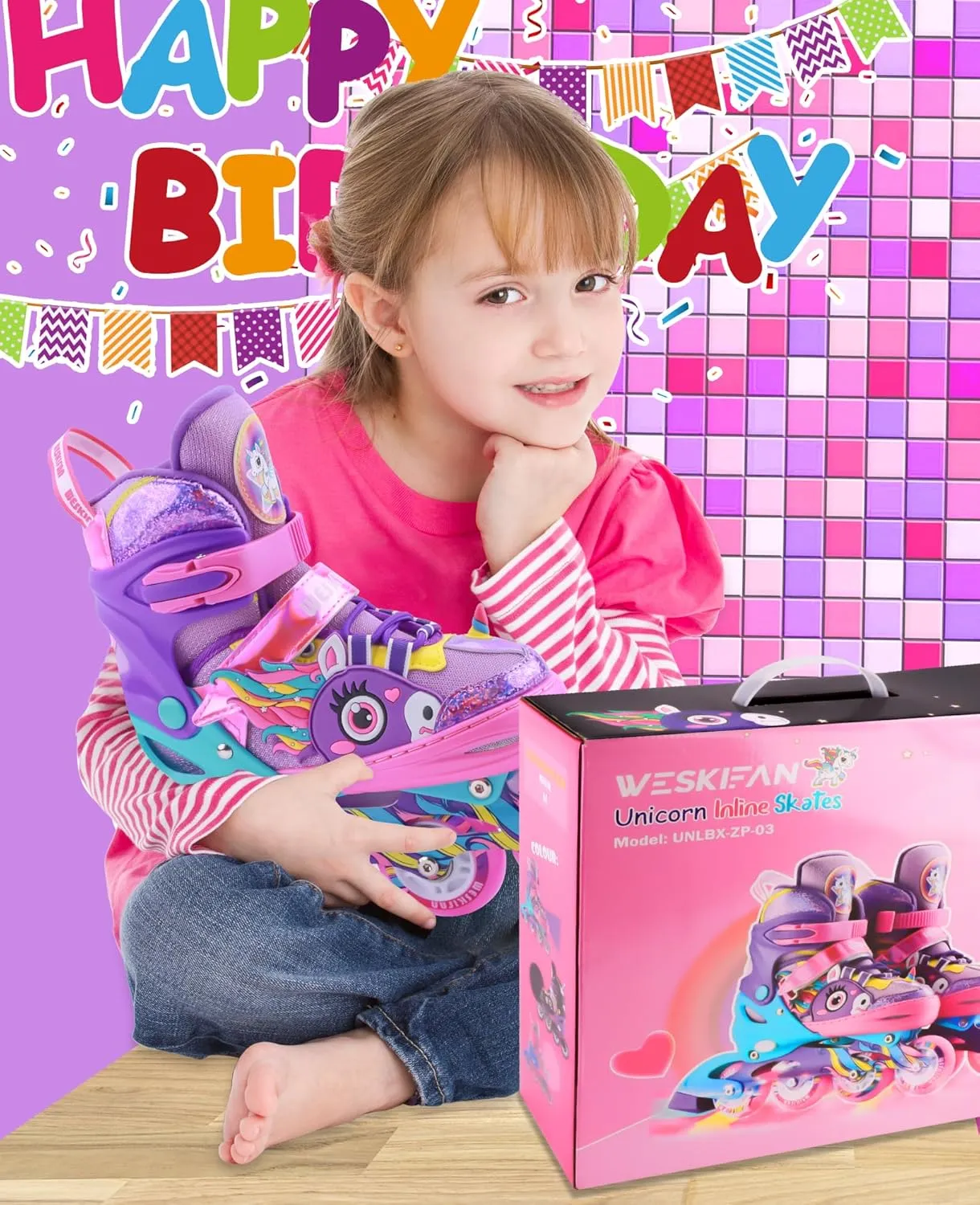 Unicorn Kids Inline Skates for Girls Women,WESKIFAN Rainbow Blades Skates with Shiny Light up Wheels&Adjustable Ages 6-8-12 Year Old, Roller Skates for Birthday Xmas Gifts Toys, Patines para Niñas