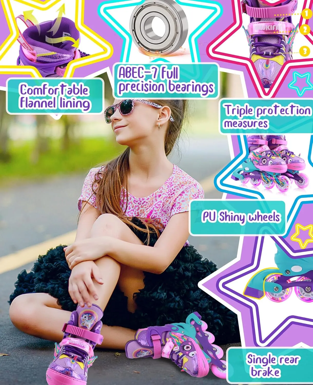 Unicorn Kids Inline Skates for Girls Women,WESKIFAN Rainbow Blades Skates with Shiny Light up Wheels&Adjustable Ages 6-8-12 Year Old, Roller Skates for Birthday Xmas Gifts Toys, Patines para Niñas