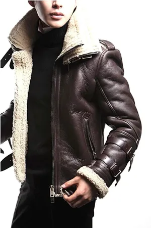 Unisex Moto Sheepskin Fur Double Collar Brown Aviator Bomber Leather Jacket XXS to 3XL (MED-Jacket CHEST-46)