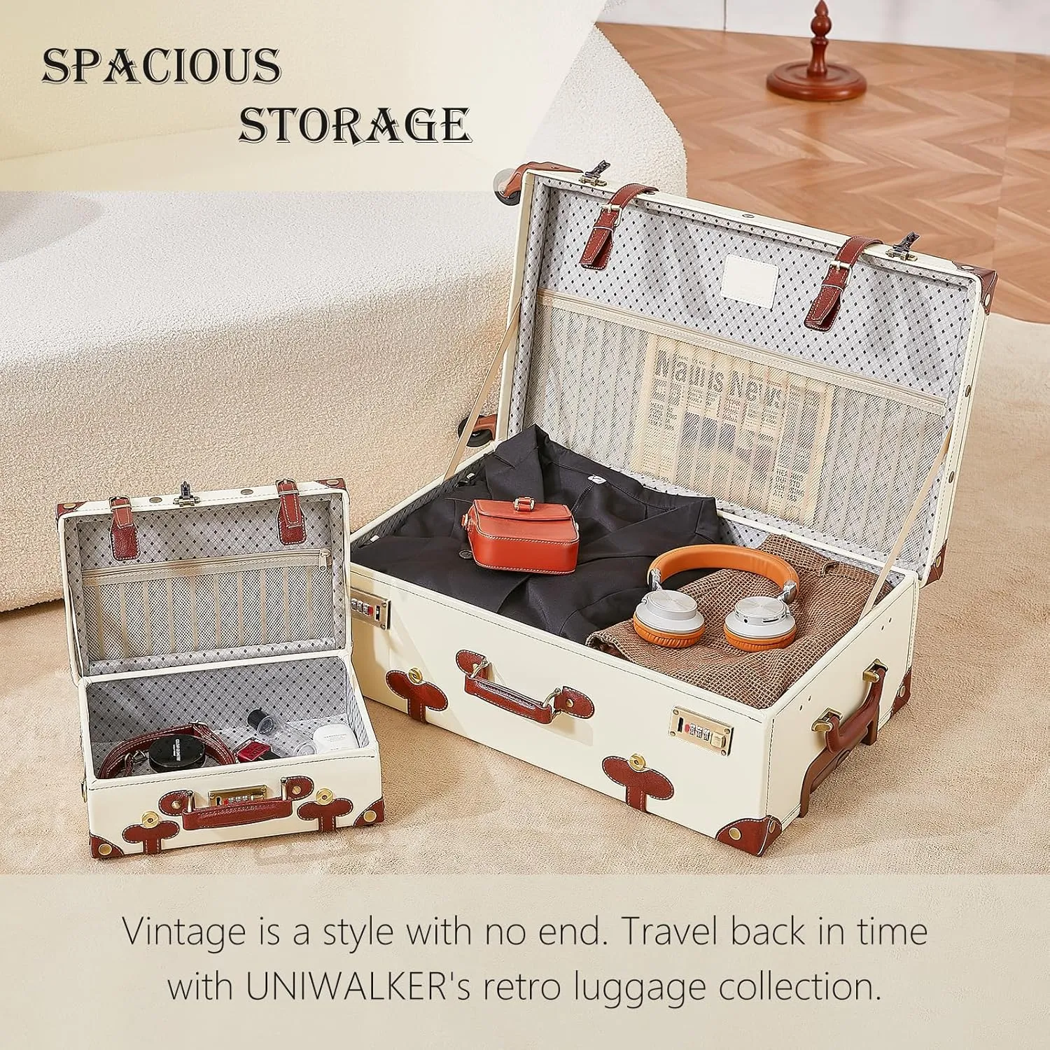 UNIWALKER Vintage Luggage Set, 2 Piece Retro Suitcase with Spinner Wheels, 20in Carry on Travel Luggage Set with 12" Train Case for Women Men (Beige, 20" 12")