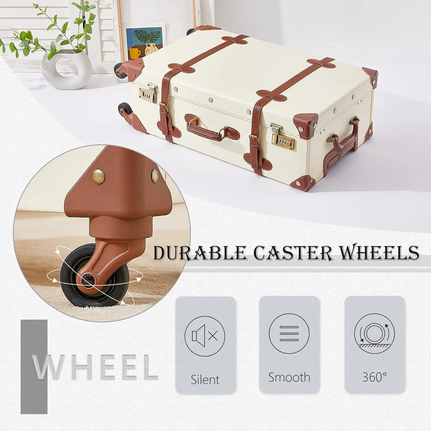 UNIWALKER Vintage Luggage Set, 2 Piece Retro Suitcase with Spinner Wheels, 20in Carry on Travel Luggage Set with 12" Train Case for Women Men (Beige, 20" 12")