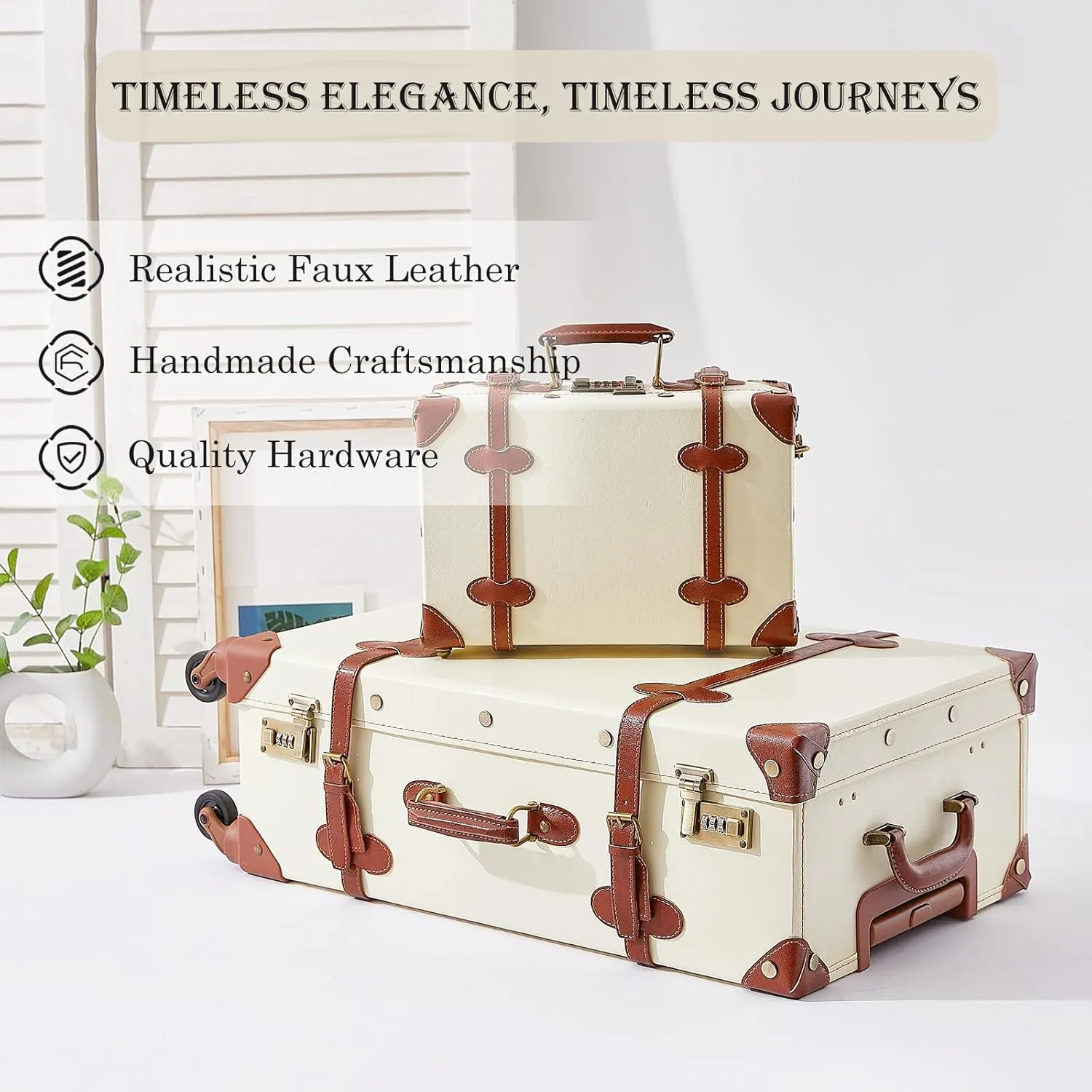 UNIWALKER Vintage Luggage Set, 2 Piece Retro Suitcase with Spinner Wheels, 20in Carry on Travel Luggage Set with 12" Train Case for Women Men (Beige, 20" 12")