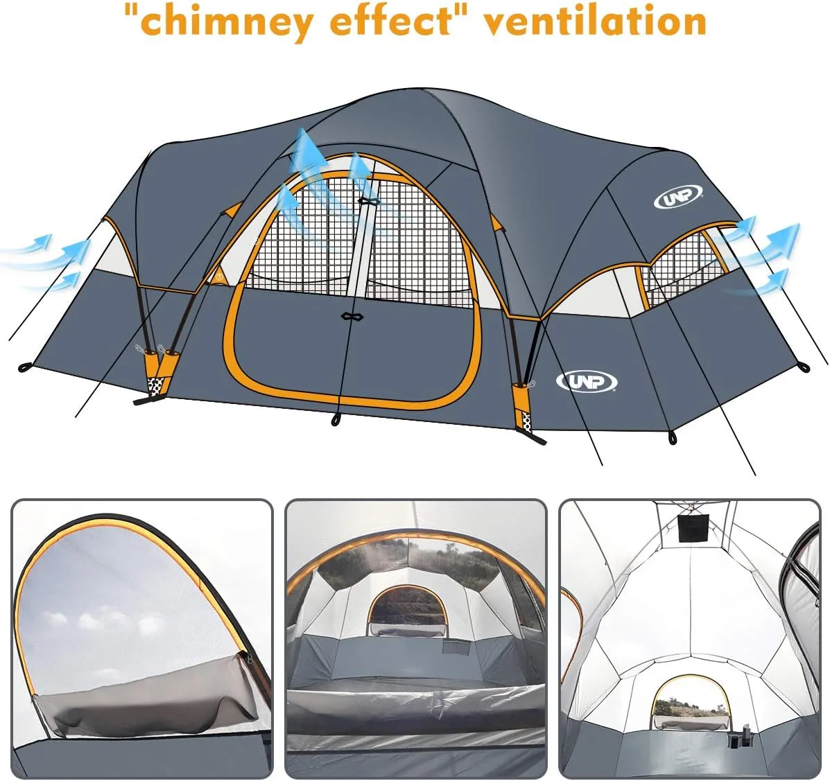 UNP Camping Tent 10-Person-Family Tents, Parties, Music Festival Tent, Big, Easy Up, 5 Large Mesh Windows, Double Layer, 2 Room, Waterproof, Weather Resistant, 18ft x 9ft x78in