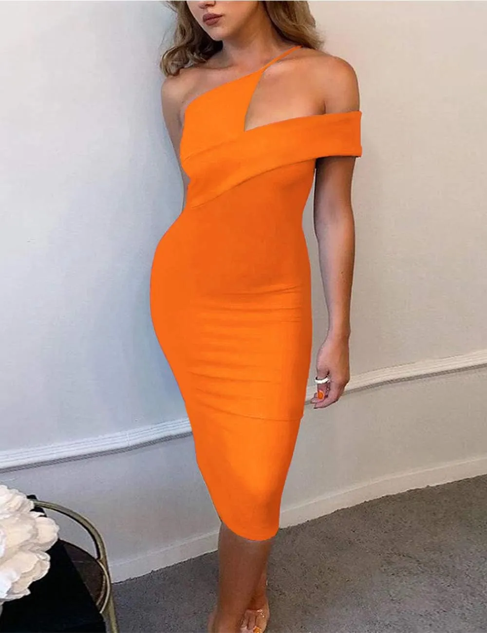 UONBOX Women's Cut Out One Shoulder Sleeveless Split Club Party Fashion Bandage Dress