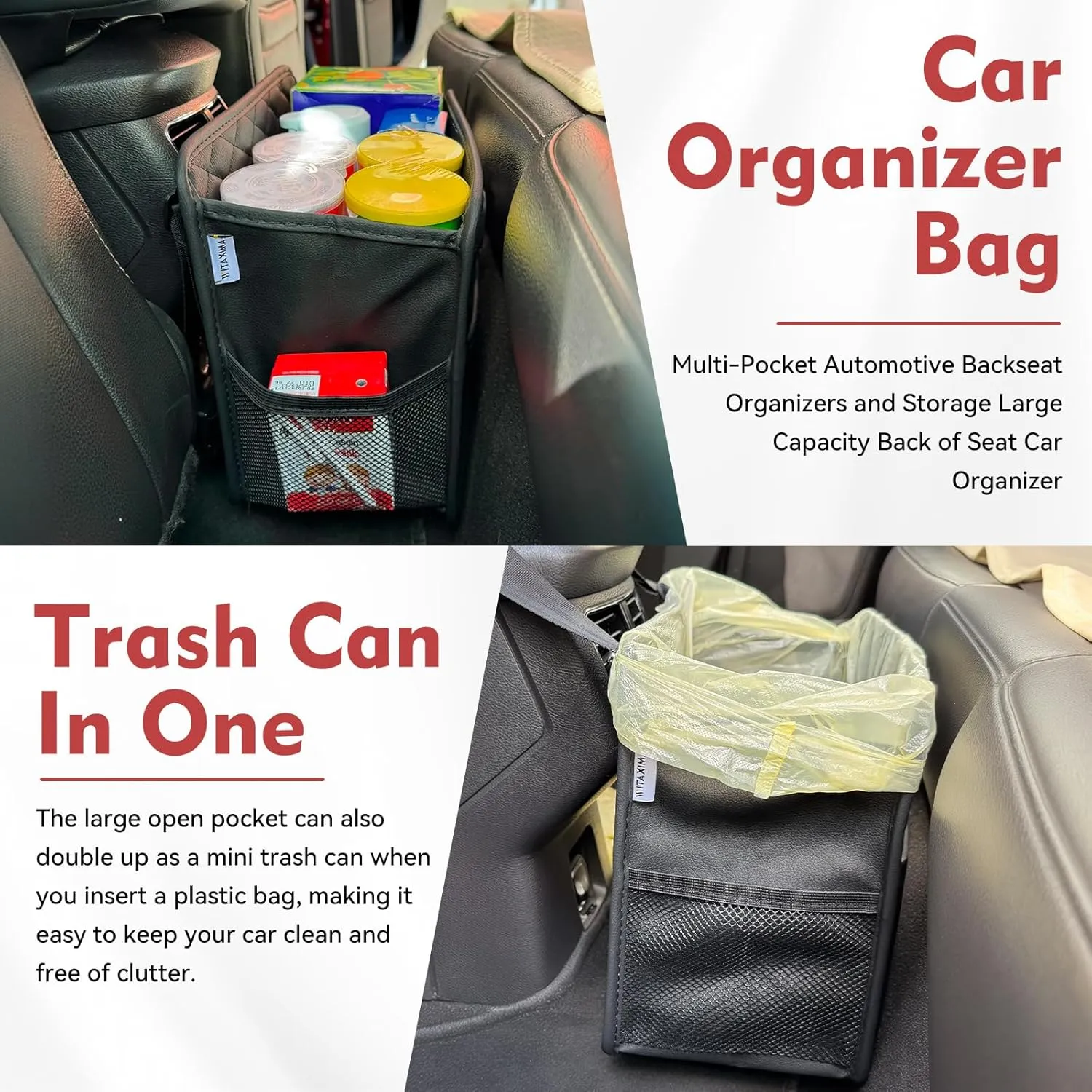 Upgraded Extra Large Car Seat Organizer Backseat with 3 Storage Pockets, Multipurpose Car Organizer Hanging Car Trash Bag Can Premium PU Leather Garbage Can 3 Gallon Large Capacity, Black.