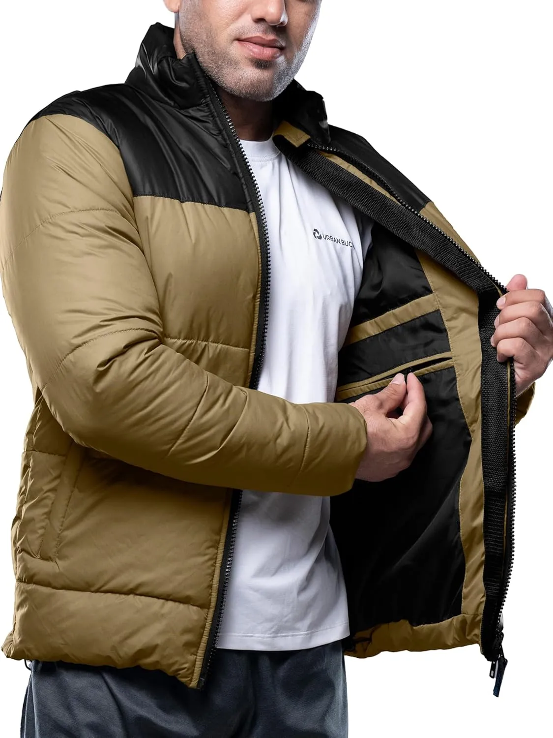 URBAN BUCK Mens Faux Fur Trimmed Hood Puffer Jacket Midweight Winter Down Windproof & Water Repellent Men Climbing Jackets