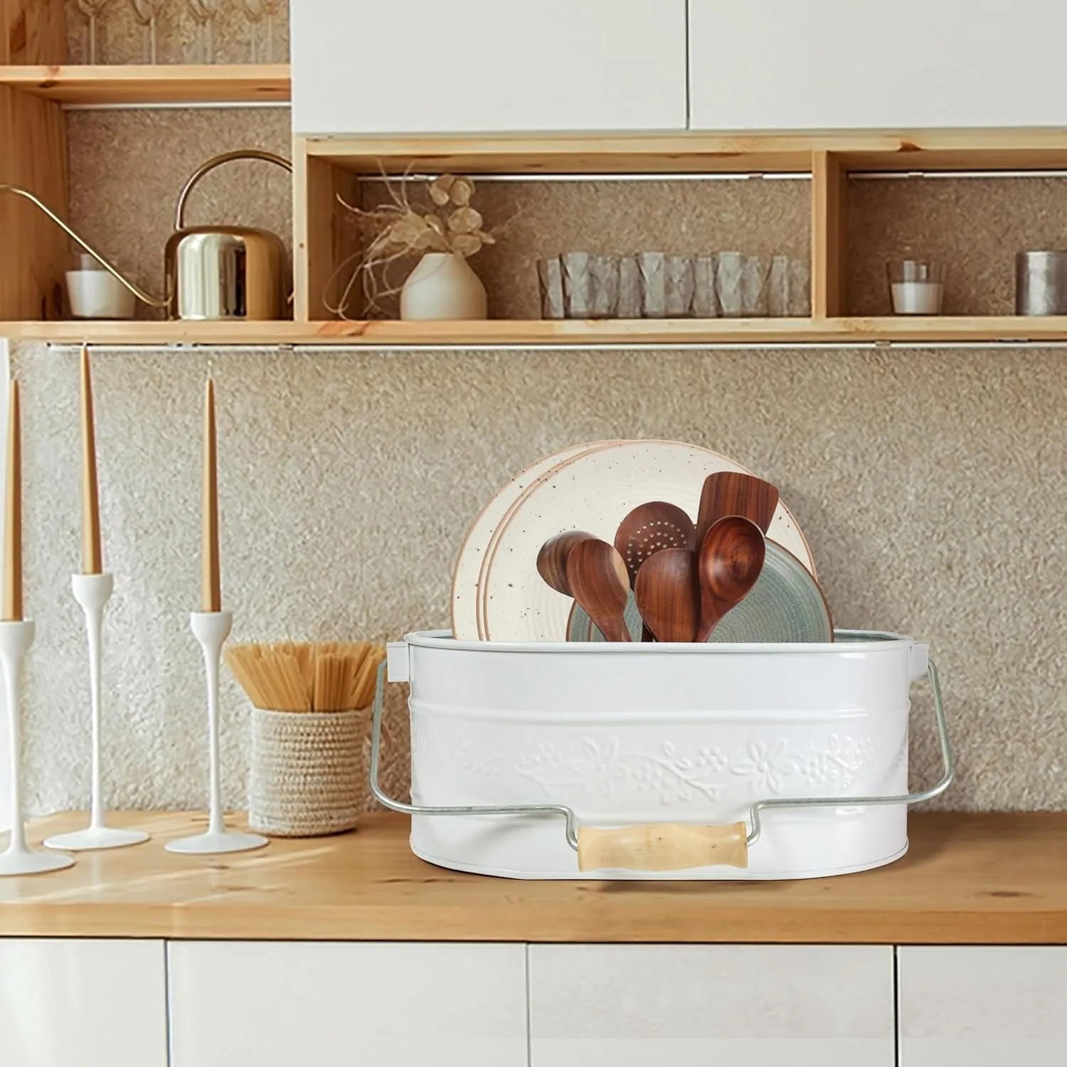Utensil Caddy For Parties, Utensil Caddy For Kitchen Countertop, Galvalined Metal Caddy, Plate And Utensil Caddy, Picnic Utensil Caddy - Flower Design - Chalk White