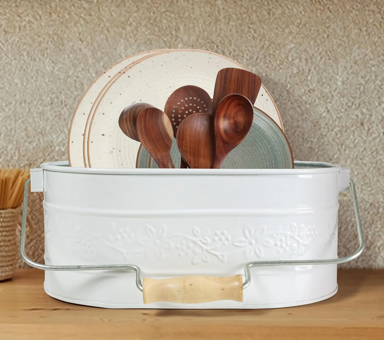Utensil Caddy For Parties, Utensil Caddy For Kitchen Countertop, Galvalined Metal Caddy, Plate And Utensil Caddy, Picnic Utensil Caddy - Flower Design - Chalk White