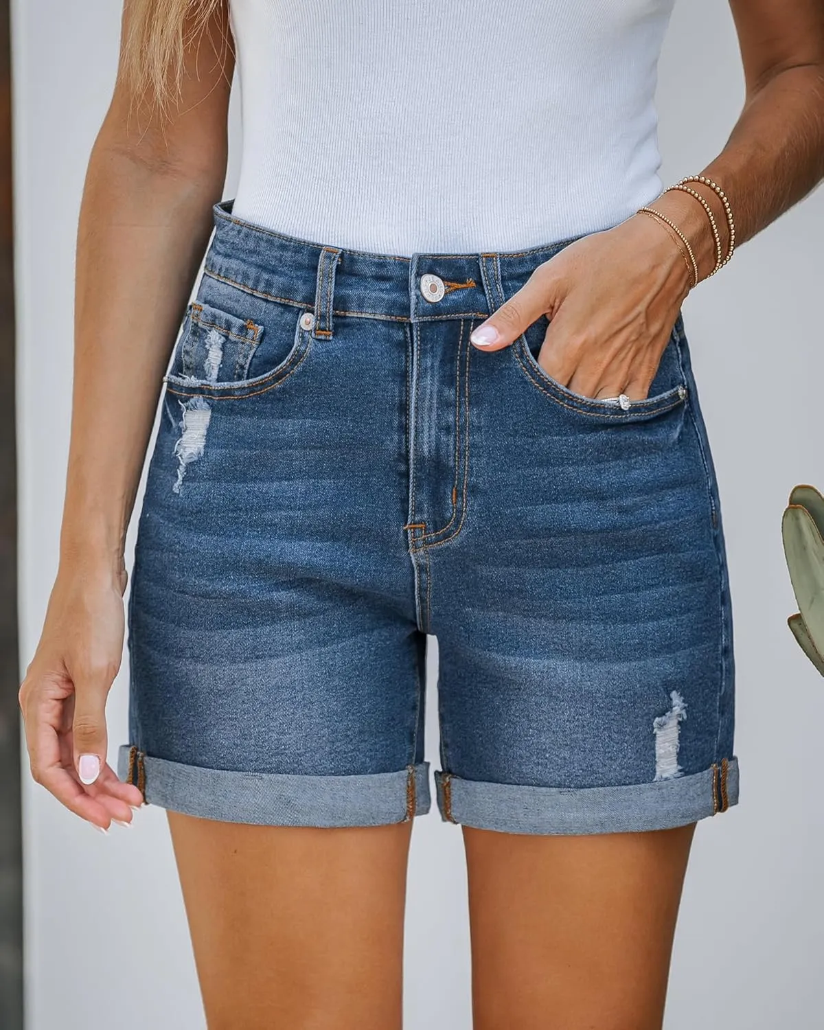 Utyful Jean Shorts for Women High Waisted Trendy Casual Summer Distressed Jorts Ripped Fold Hem Stretchy Denim Shorts