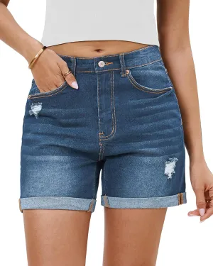 Utyful Jean Shorts for Women High Waisted Trendy Casual Summer Distressed Jorts Ripped Fold Hem Stretchy Denim Shorts
