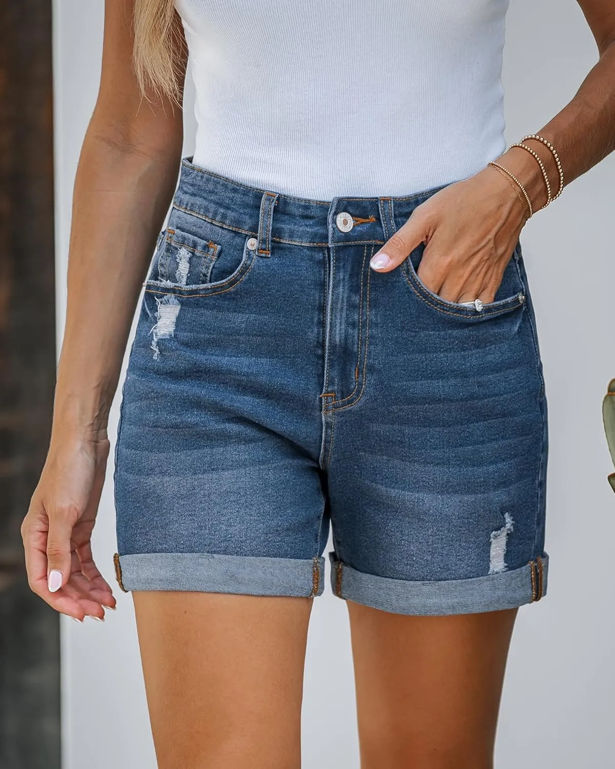 Utyful Jean Shorts for Women High Waisted Trendy Casual Summer Distressed Jorts Ripped Fold Hem Stretchy Denim Shorts