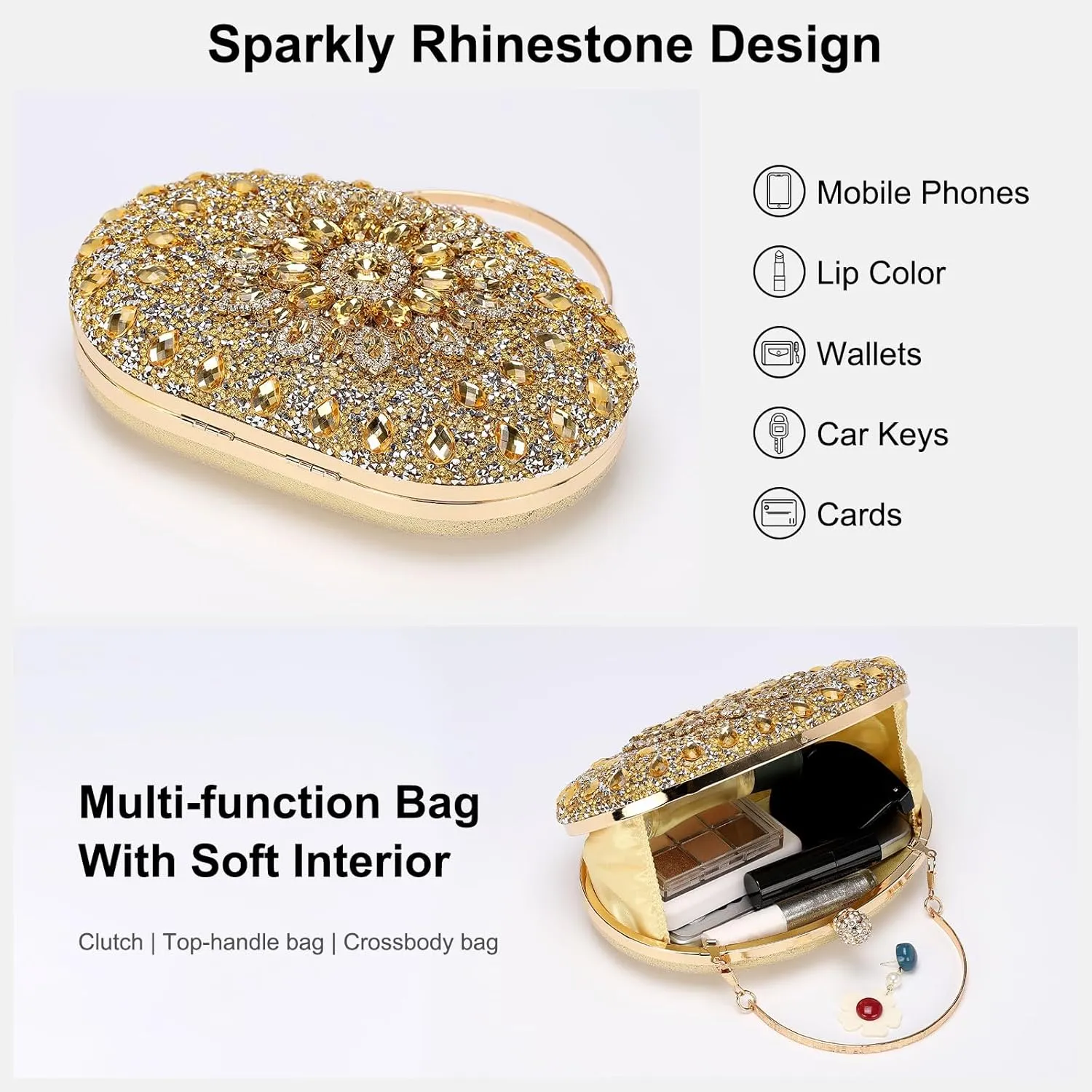 uxcell Evening Bags for Women, Sparkly Crystal Rhinestone Clutch Purse with Chain Strap Shoulder Bag Handbag