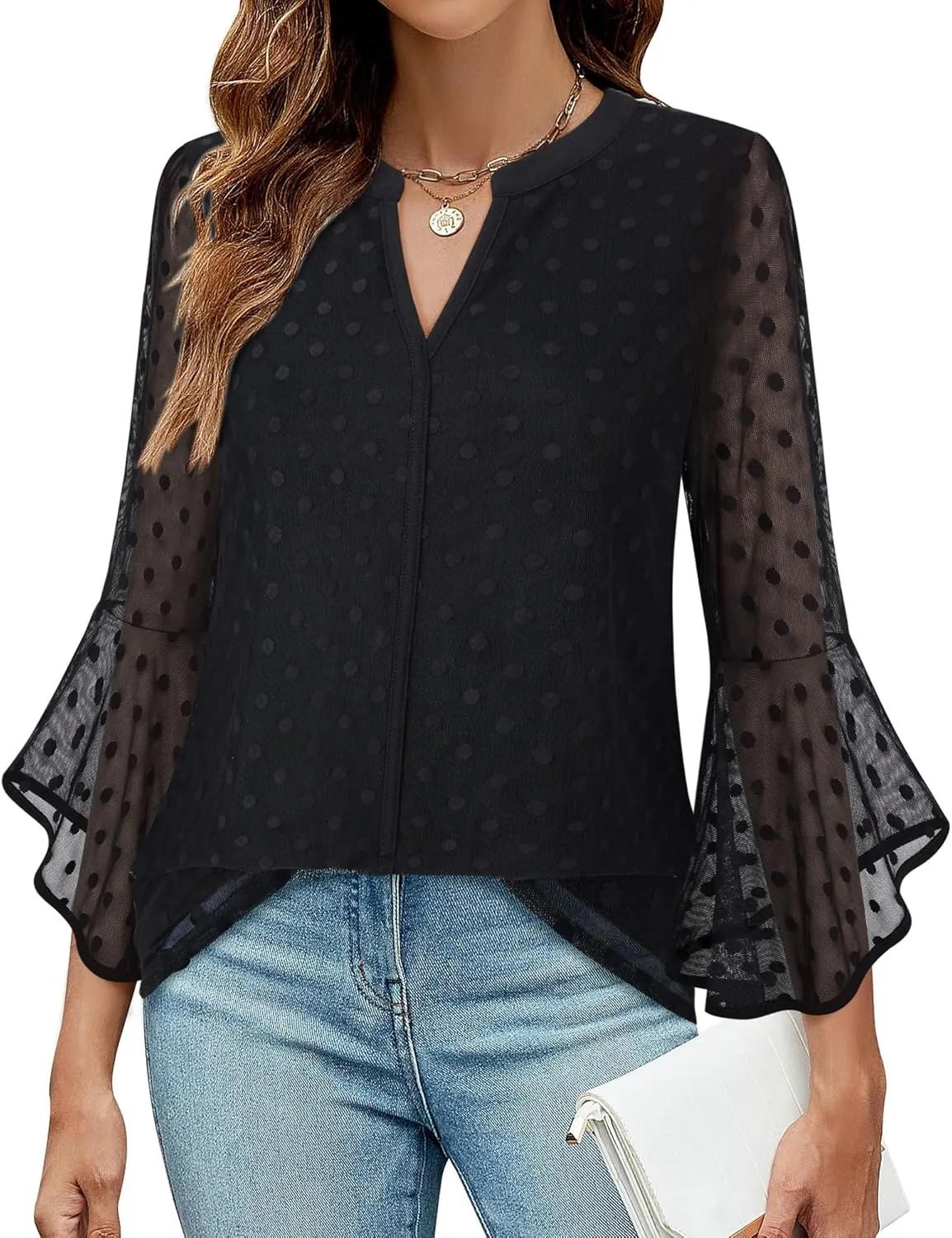 VALOLIA Women's 3/4 Sleeve Dressy Blouses Shirts Casual Loose Fit Mesh Layered Flowy Tunic Tops