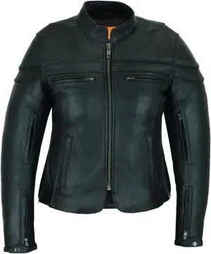 Vance Leather USA Women's Black Waxed Soft Cowhide Leather Sporty Scooter Crossover Biker Motorcycle Riding Jacket