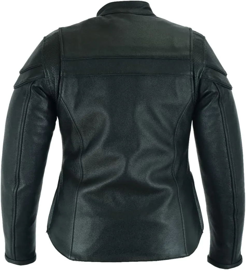 Vance Leather USA Women's Black Waxed Soft Cowhide Leather Sporty Scooter Crossover Biker Motorcycle Riding Jacket