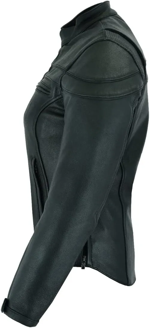 Vance Leather USA Women's Black Waxed Soft Cowhide Leather Sporty Scooter Crossover Biker Motorcycle Riding Jacket