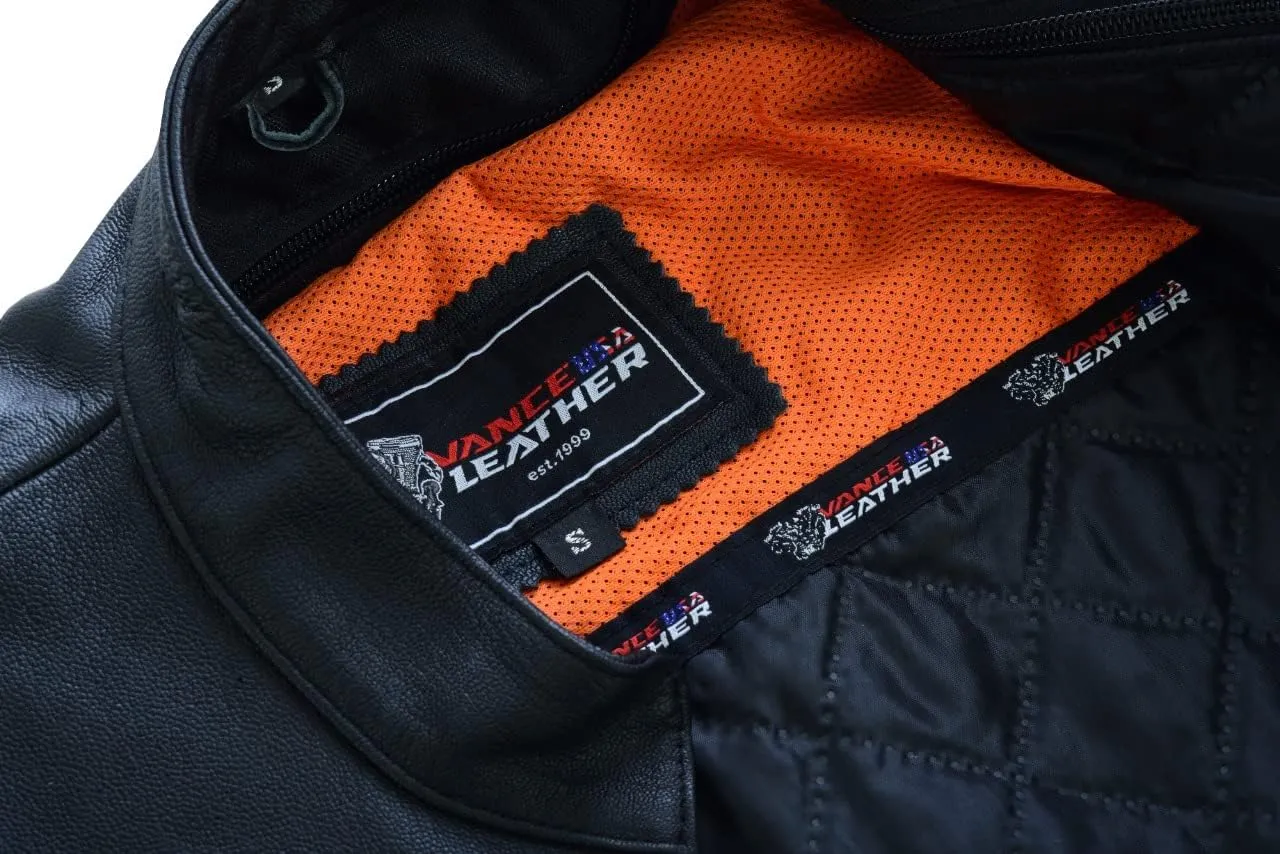 Vance Leather USA Women's Black Waxed Soft Cowhide Leather Sporty Scooter Crossover Biker Motorcycle Riding Jacket