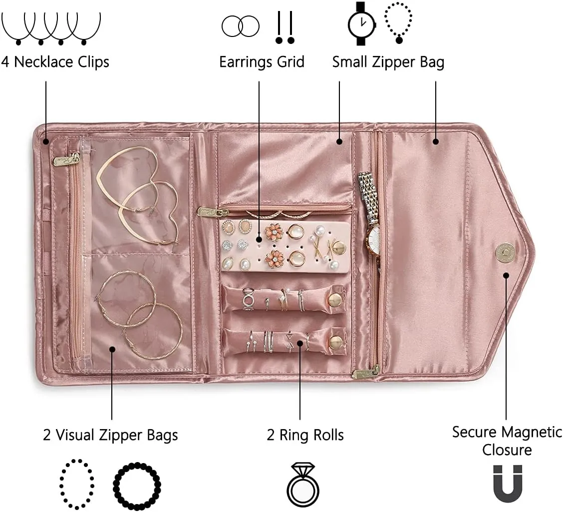 VanFn Jewelry Rolls, Travel Jewelry Organizer Roll, Foldable Jewelry Case, Women Jewelry Storage Bag for Journey-Rings, Necklaces, Earrings, Bracelets, Watches, Brooches P.Travel Series