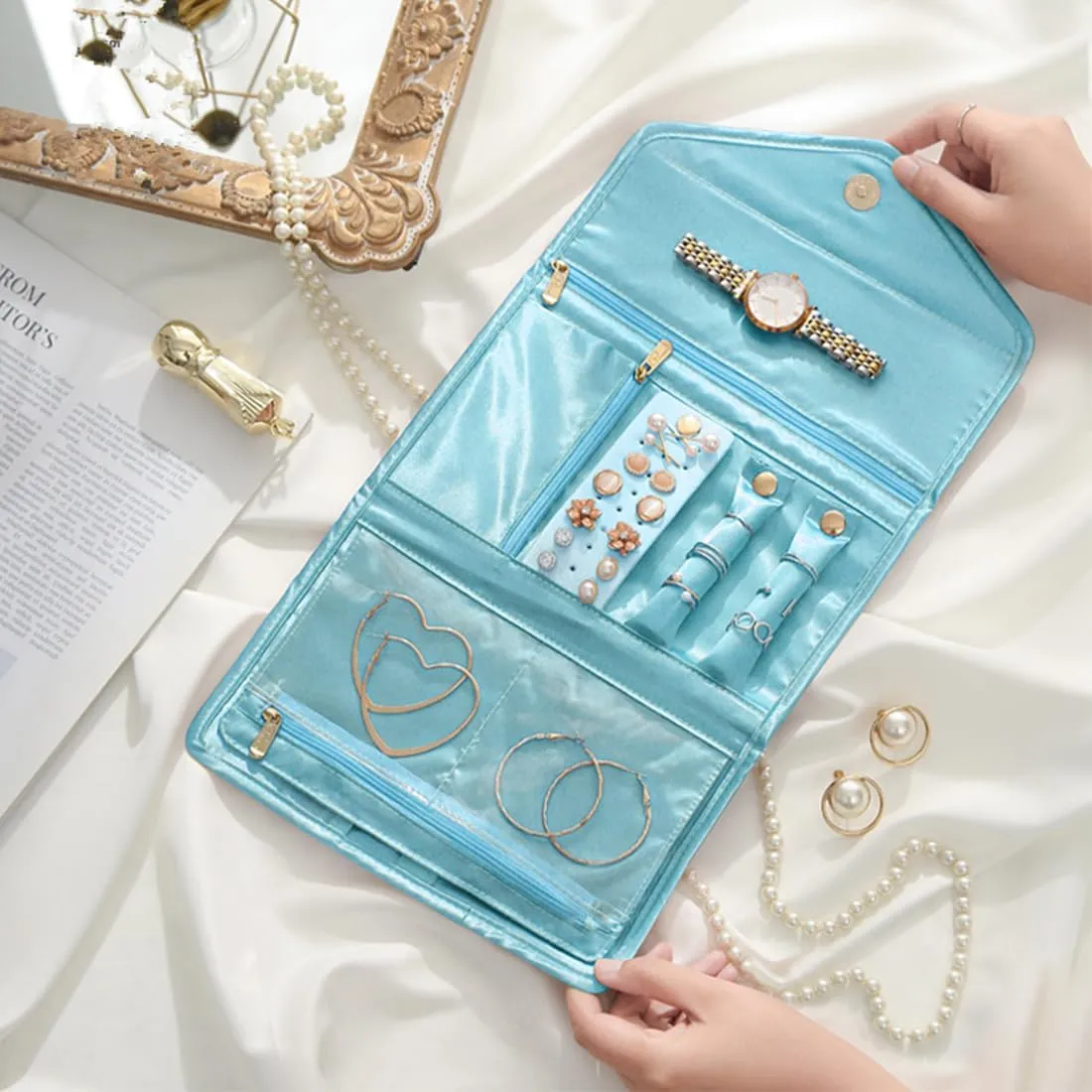 VanFn Jewelry Rolls, Travel Jewelry Organizer Roll, Foldable Jewelry Case, Women Jewelry Storage Bag for Journey-Rings, Necklaces, Earrings, Bracelets, Watches, Brooches P.Travel Series