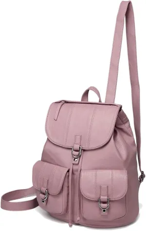 VASCHY Mini Backpack Purse for Women, Fashion Faux Leather Buckle Flap Drawstring Backpack for College with Two Front Pockets Pink