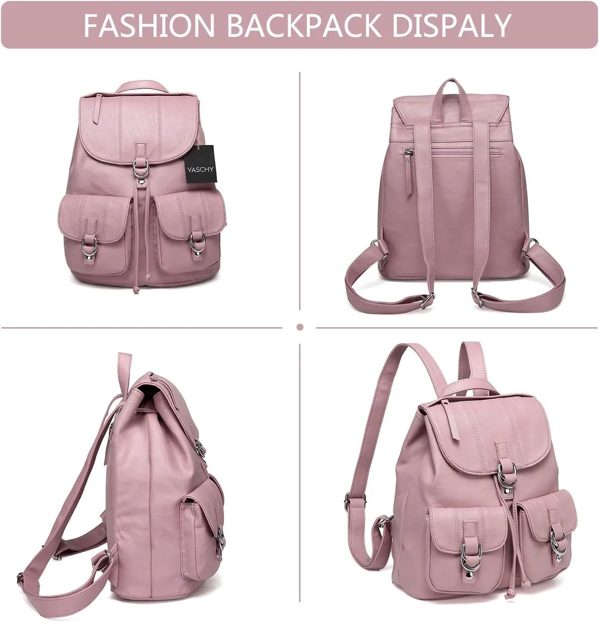 VASCHY Mini Backpack Purse for Women, Fashion Faux Leather Buckle Flap Drawstring Backpack for College with Two Front Pockets Pink