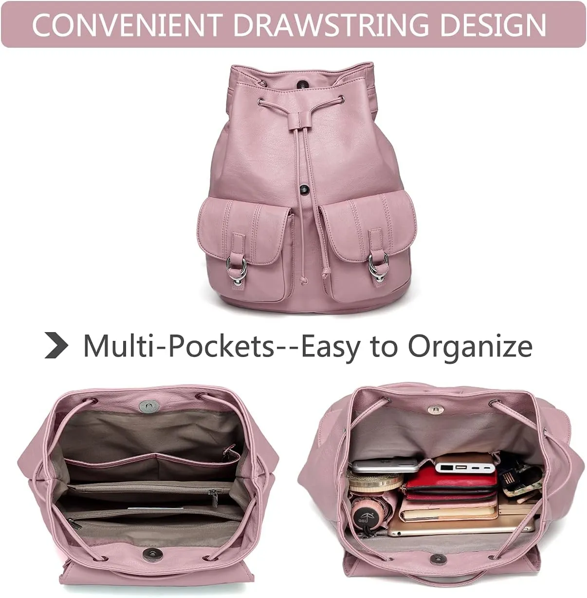 VASCHY Mini Backpack Purse for Women, Fashion Faux Leather Buckle Flap Drawstring Backpack for College with Two Front Pockets Pink
