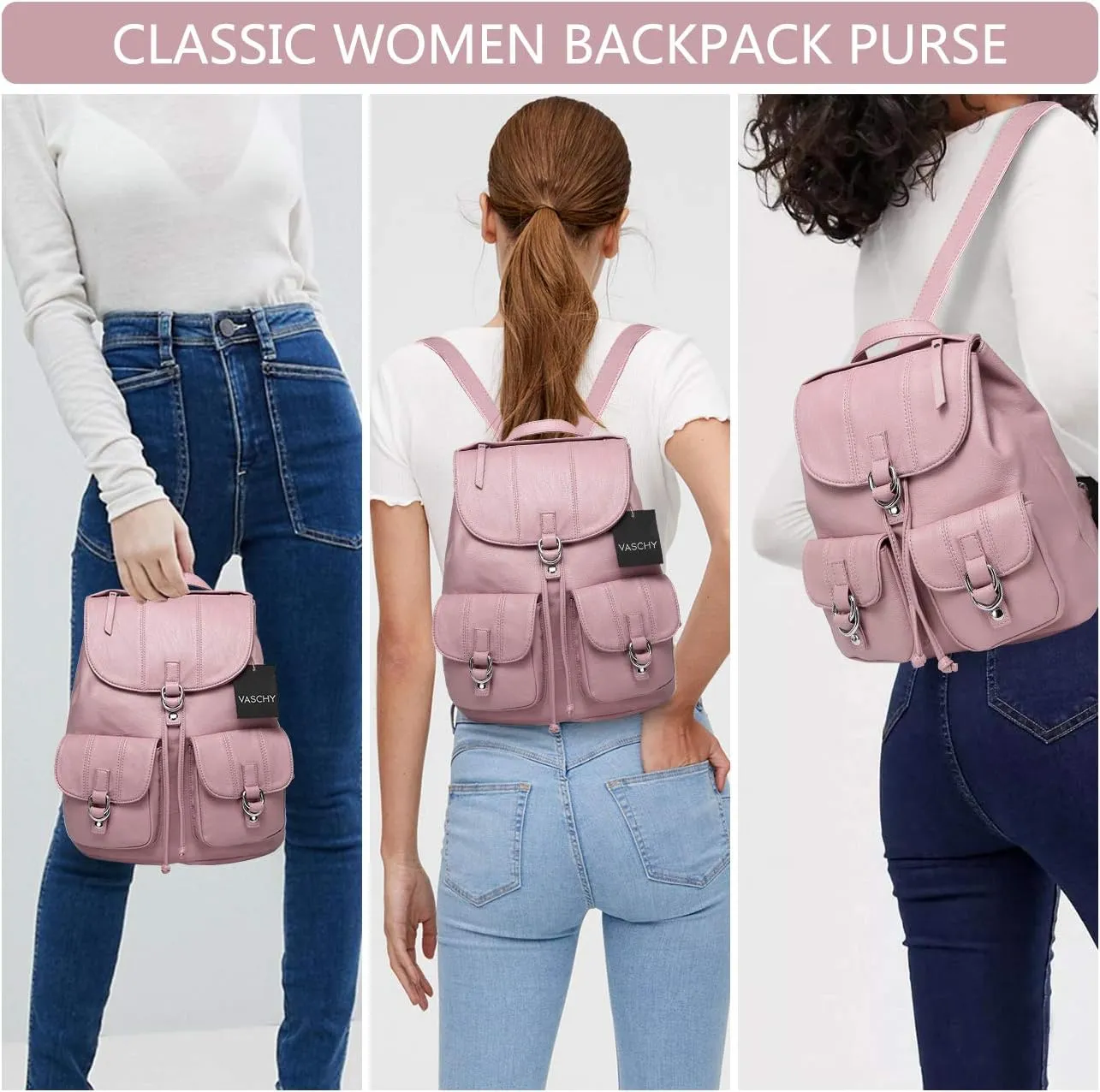VASCHY Mini Backpack Purse for Women, Fashion Faux Leather Buckle Flap Drawstring Backpack for College with Two Front Pockets Pink