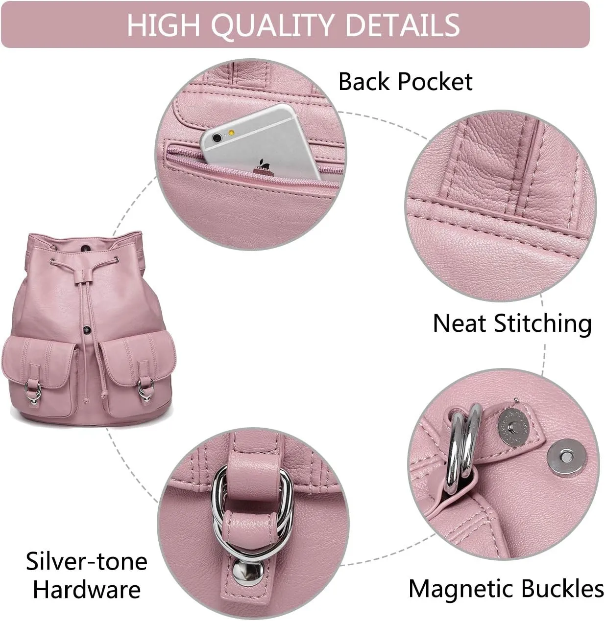 VASCHY Mini Backpack Purse for Women, Fashion Faux Leather Buckle Flap Drawstring Backpack for College with Two Front Pockets Pink