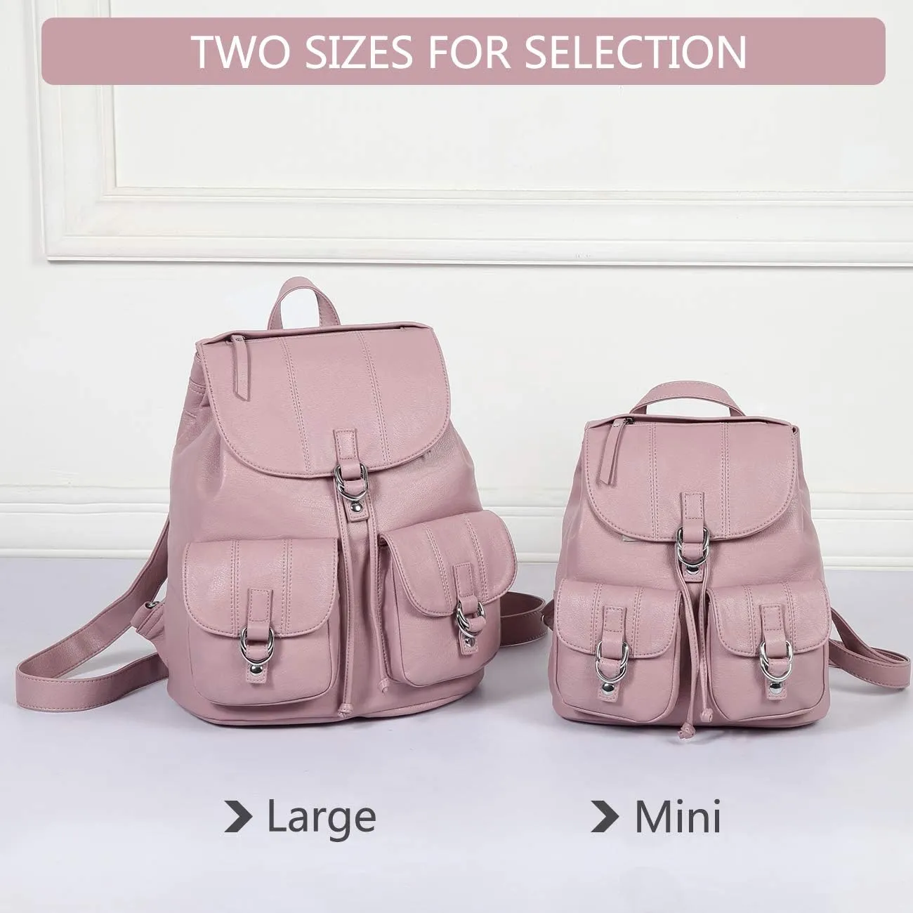 VASCHY Mini Backpack Purse for Women, Fashion Faux Leather Buckle Flap Drawstring Backpack for College with Two Front Pockets Pink