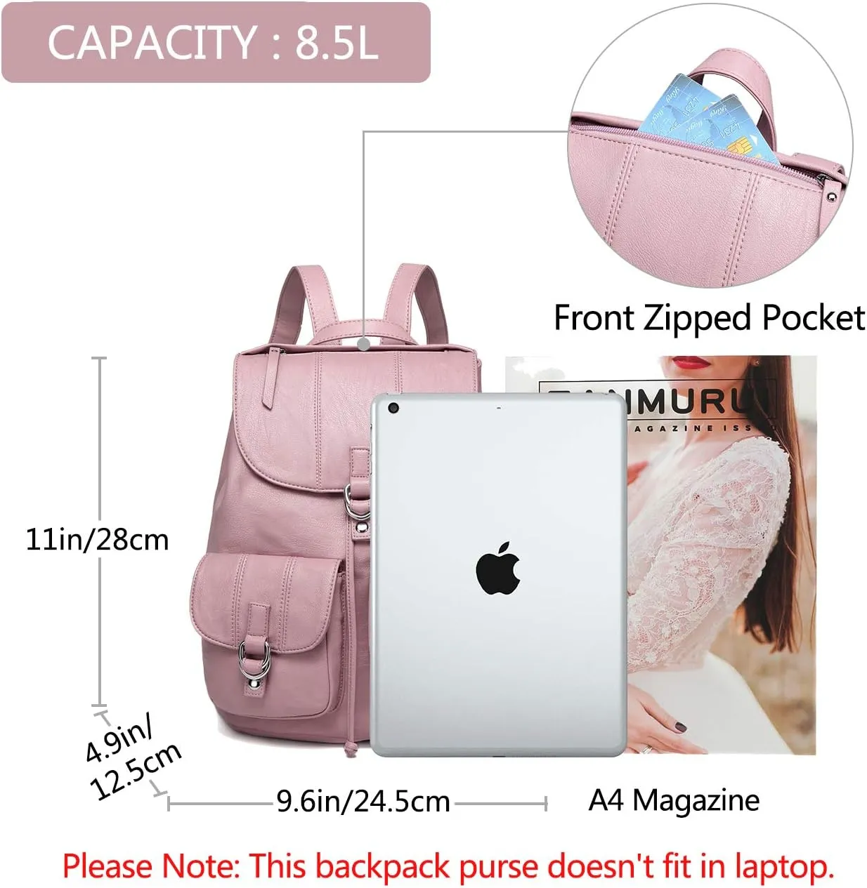 VASCHY Mini Backpack Purse for Women, Fashion Faux Leather Buckle Flap Drawstring Backpack for College with Two Front Pockets Pink
