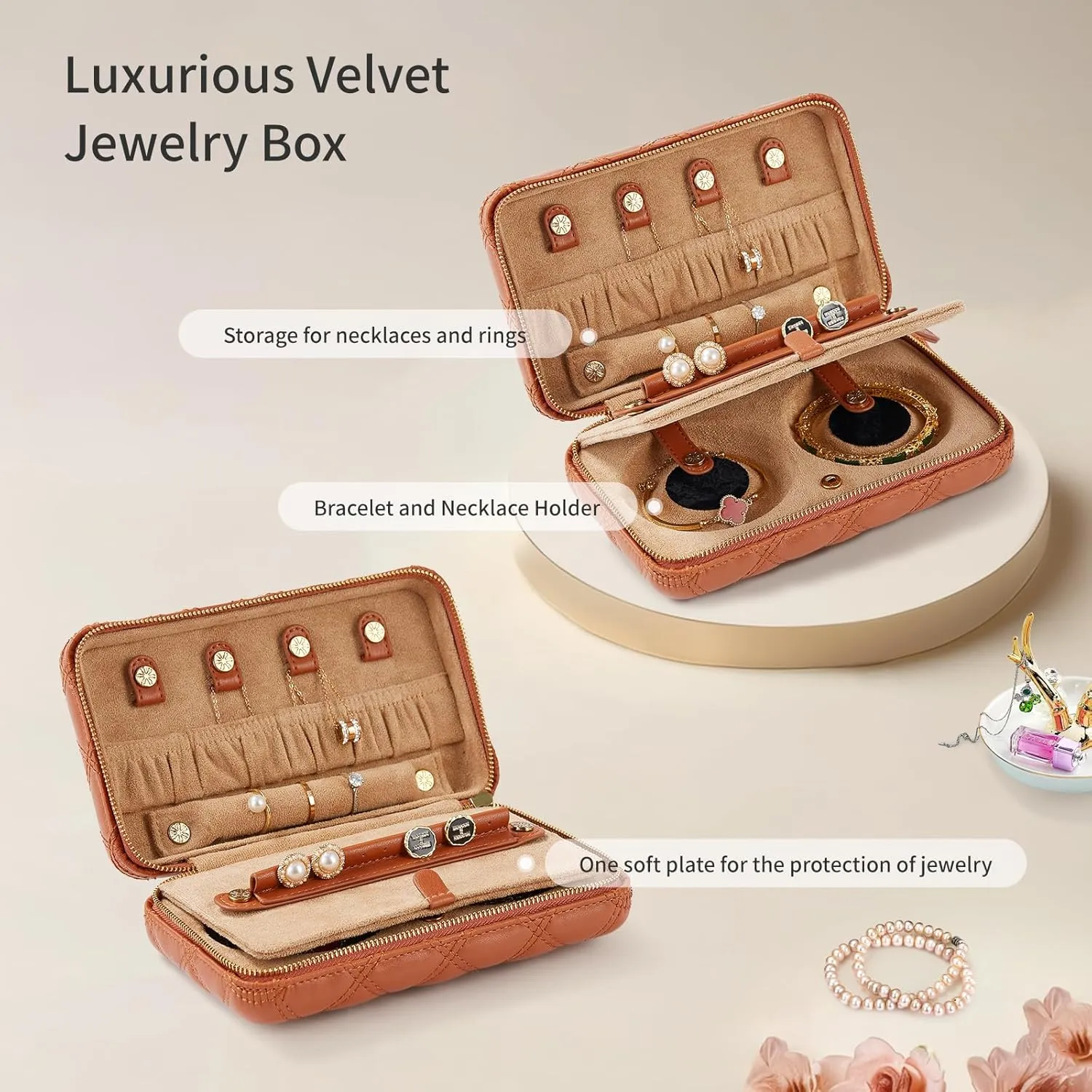 Vee Travel Jewelry Box Organizer,Diamond Quilted Leather Travel Jewelry Case,Jewelry Organiser for Bracelets/Rings/Necklaces,Gift for Women and Girls (Brown)