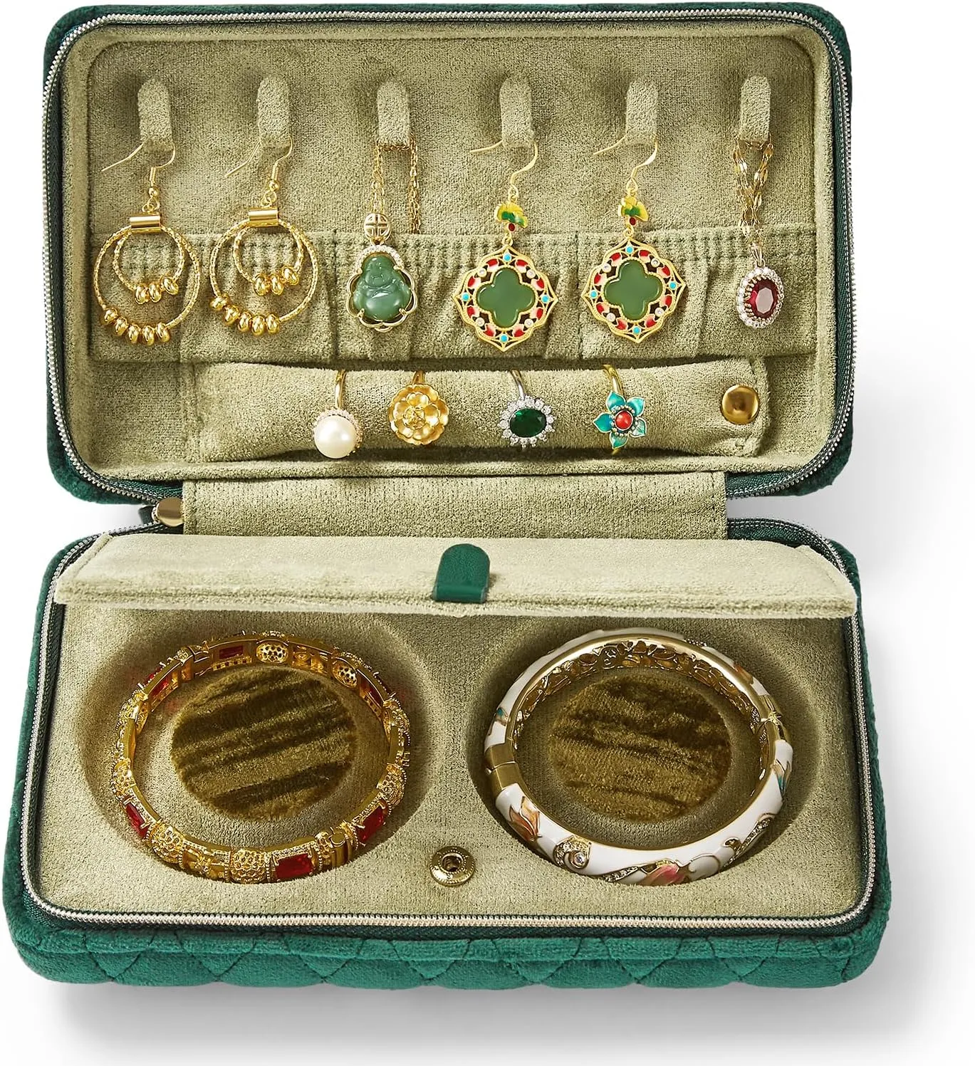 Vee Travel jewelry case,Elegant Diamond Quilted Velvet Jewelry organizer, Jewelry box for organizing bracelets necklaces rings earrings,birthday gifts for women,Green