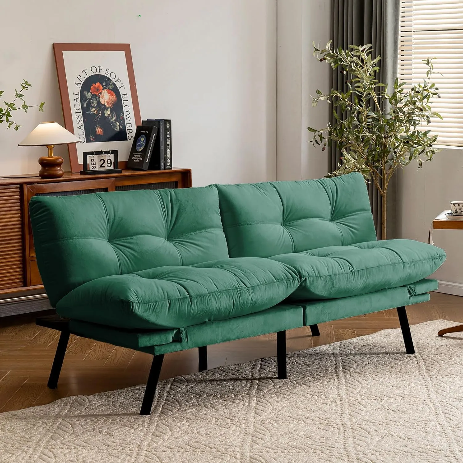 Velvet Convertible Futon Sofa Bed, 71" Cozy Loveseat Sleeper, Comfy 7" Thick Cushion Lounge Sofa Compact 2-Seater Futon Couch for Small Space Living Room Bedroom Dorm