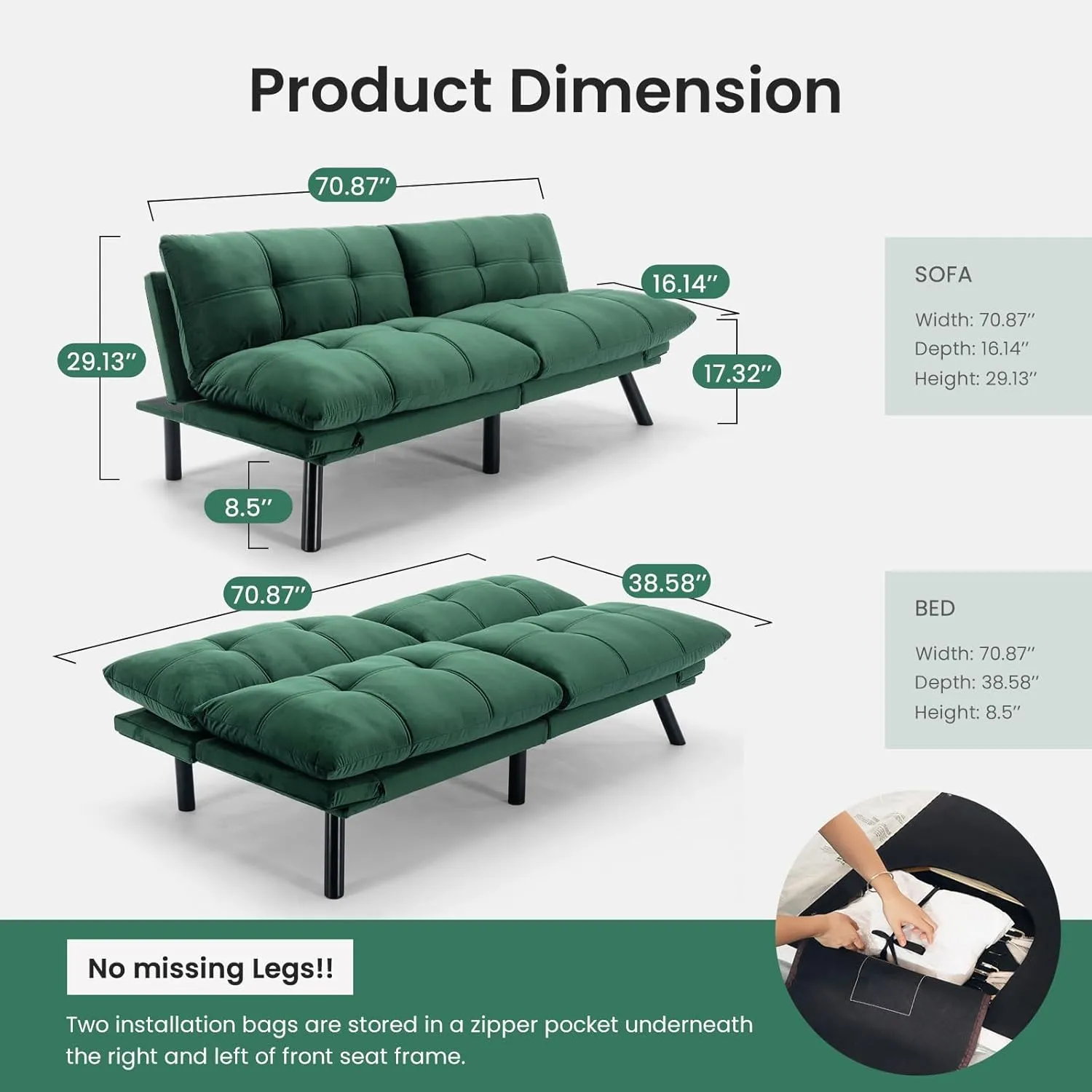 Velvet Convertible Futon Sofa Bed, 71" Cozy Loveseat Sleeper, Comfy 7" Thick Cushion Lounge Sofa Compact 2-Seater Futon Couch for Small Space Living Room Bedroom Dorm
