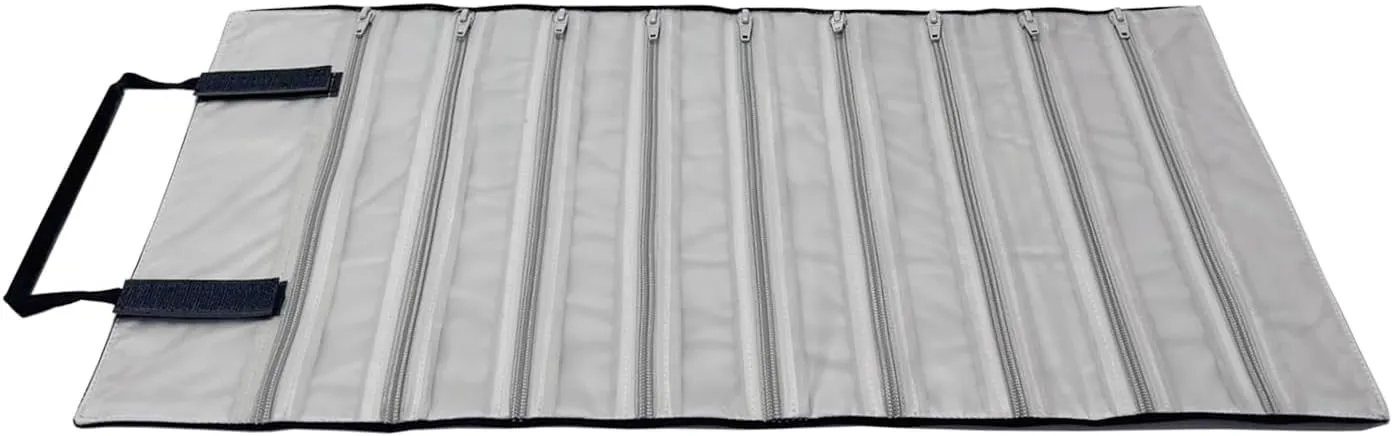 Velvet Travel Jewelry Case Roll Bag Organizer for Necklace, 9 Zipped Grids, Black and Grey