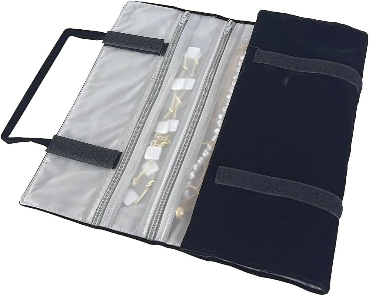 Velvet Travel Jewelry Case Roll Bag Organizer for Necklace, 9 Zipped Grids, Black and Grey