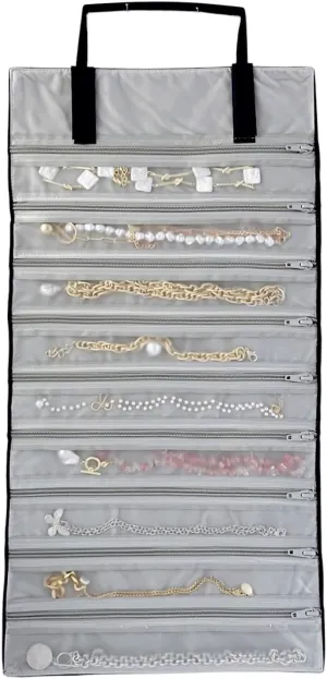 Velvet Travel Jewelry Case Roll Bag Organizer for Necklace, 9 Zipped Grids, Black and Grey
