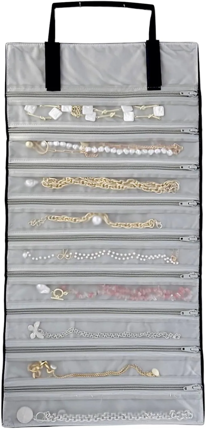 Velvet Travel Jewelry Case Roll Bag Organizer for Necklace, 9 Zipped Grids, Black and Grey