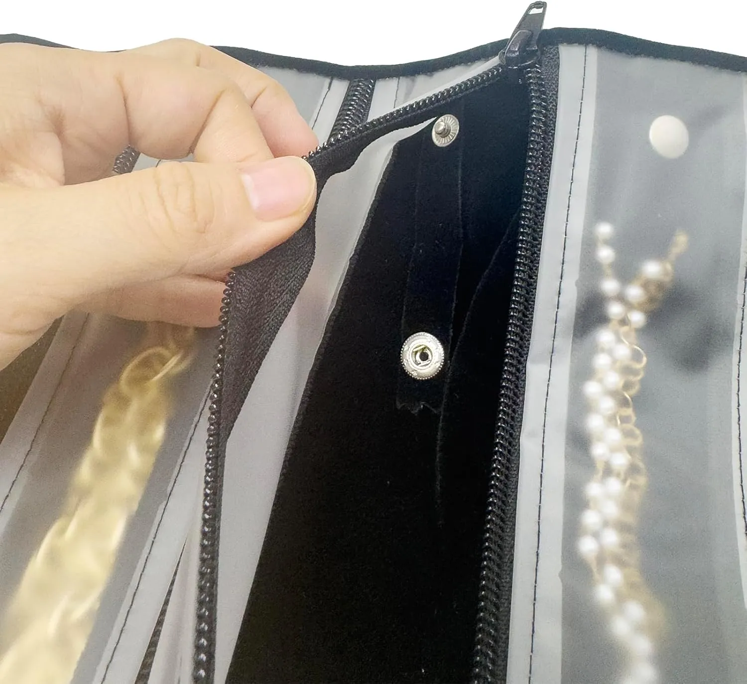 Velvet Travel Jewelry Case Roll Bag Organizer for Necklace Bracelet Earrings Ring, 11 Zipped Grids with Necklace Button, PVC Cover, Black